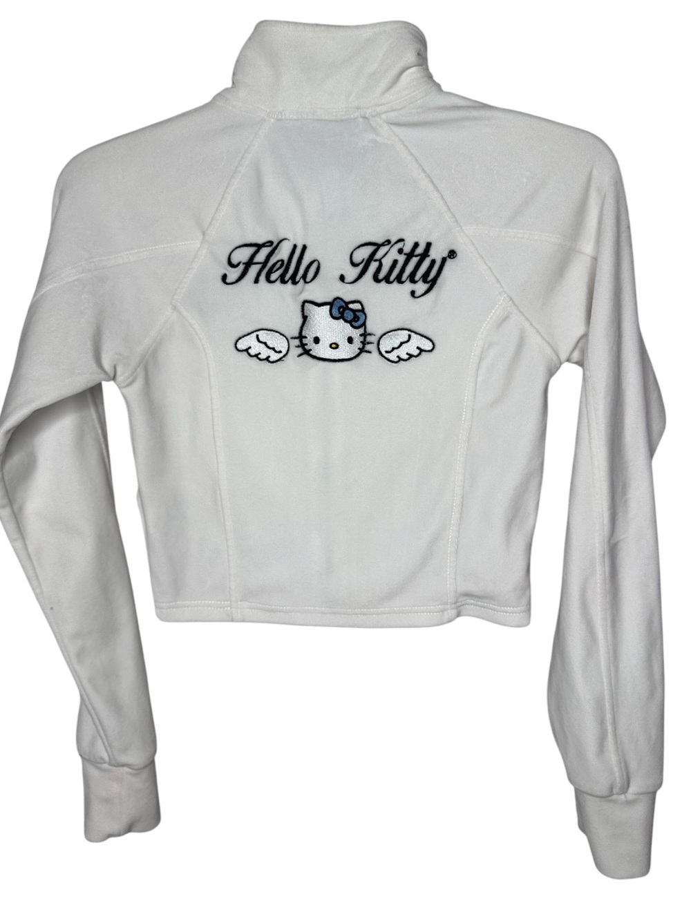 Forever 21 Hello Kitty Velour White Zip-Up Crop Jacket with Bow Logo. Size Small